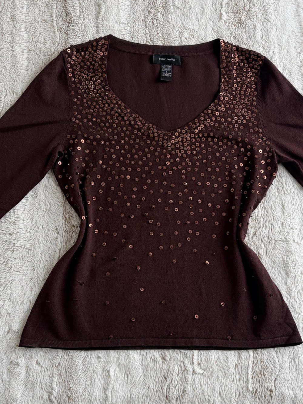Vintage Y2K Pointelle Sequin Sweater S Brown Silk Blend Whimsygoth Fairycore